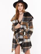Shein Tartan Plaid Oversized Drape Collar Wrap Coat