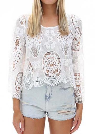 Rosewe White Round Neck Scalloped Hem Blouse