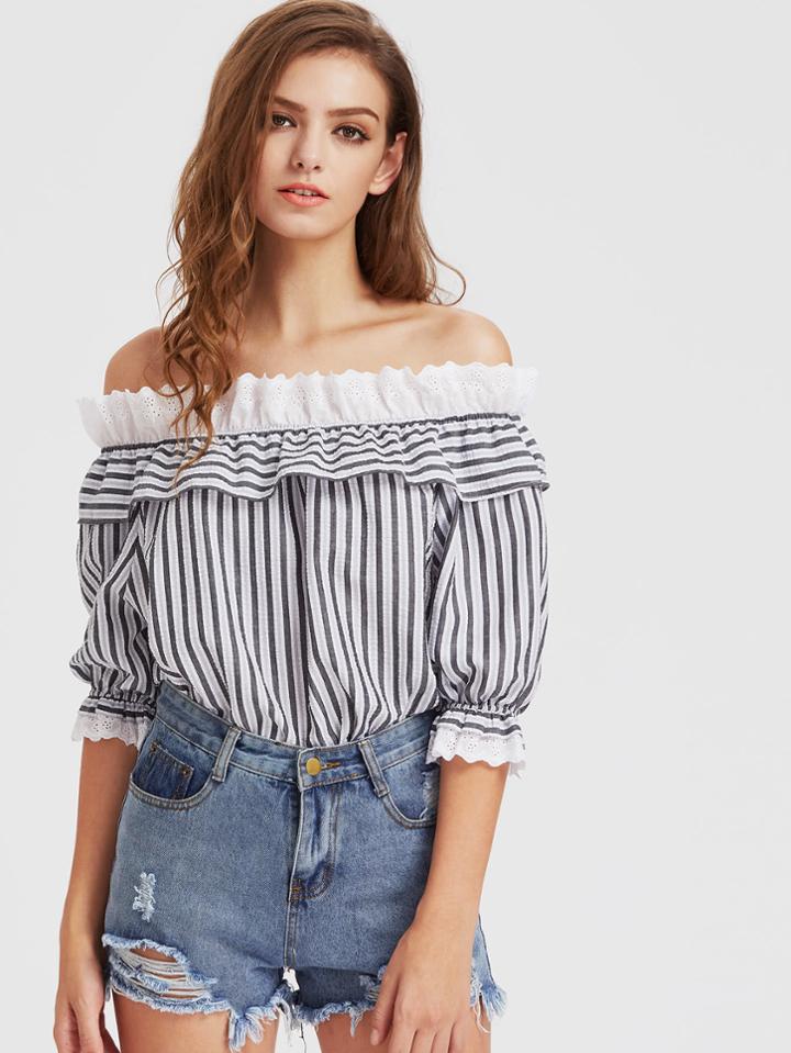 Shein Contrast Embroidered Eyelet Ruffle Trim Bardot Top