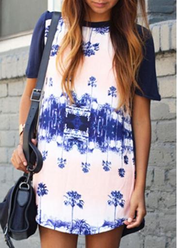 Rosewe Short Sleeve Printed Round Neck Straight Dress