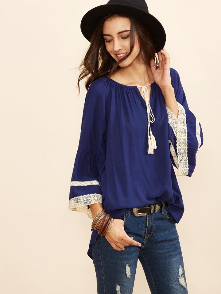 Shein Royal Blue Tassel Tie Neck Crochet Trim Blouse