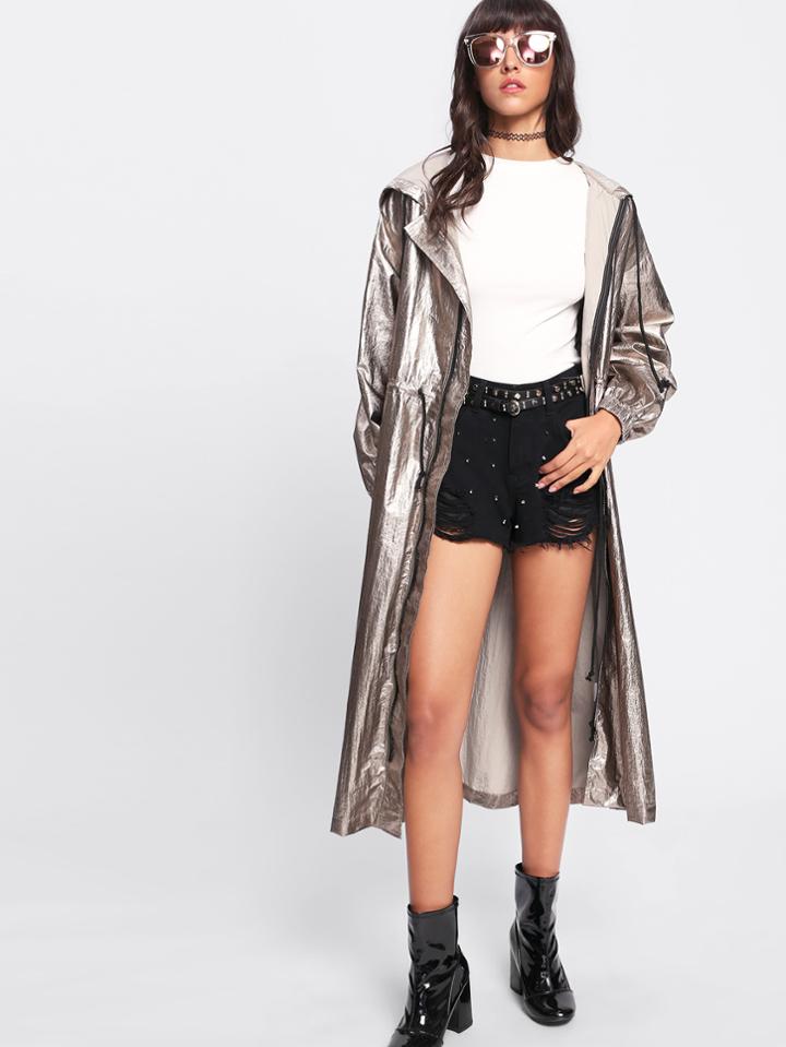 Shein Metallic Drawstring Longline Hoodie Coat