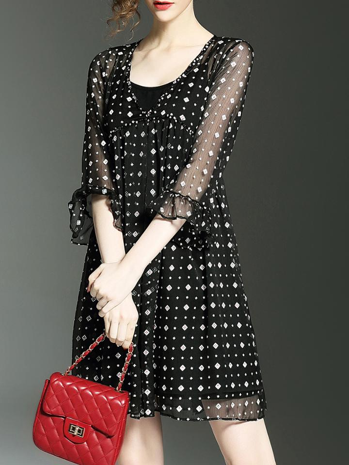 Shein White V Neck Sheer Print Dress