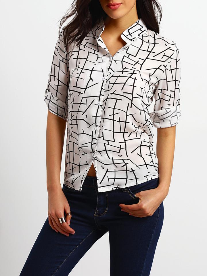 Shein White Black Stand Collar Geometric Print Blouse