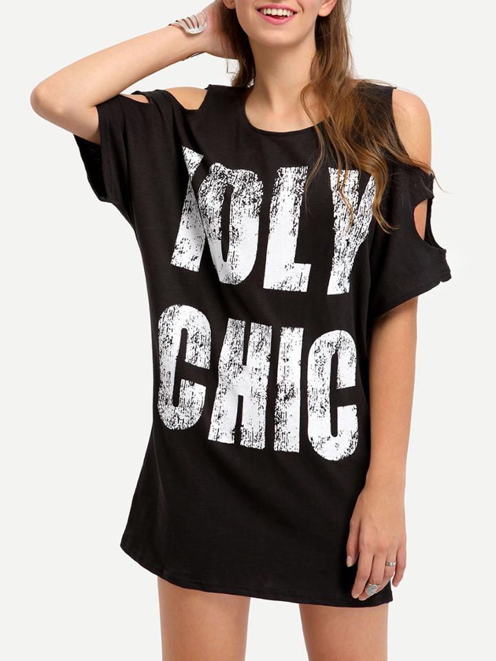 Shein Letter Print Cutout Shoulder T-shirt Dress - Black