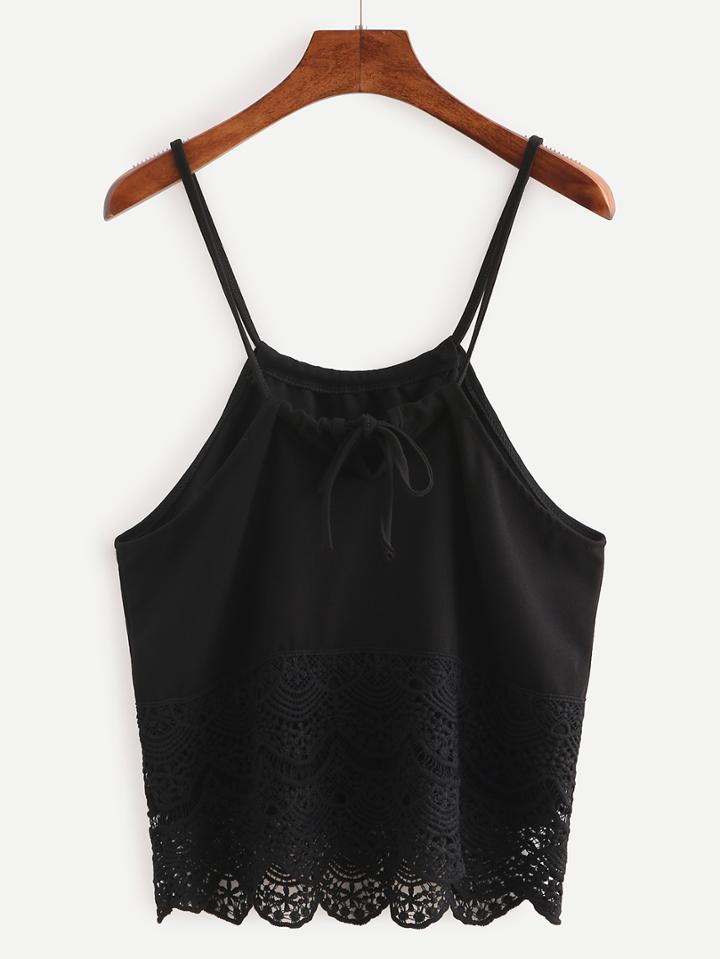 Shein Lace Trimmed Keyhole Drawstring Neck Cami Top - Black