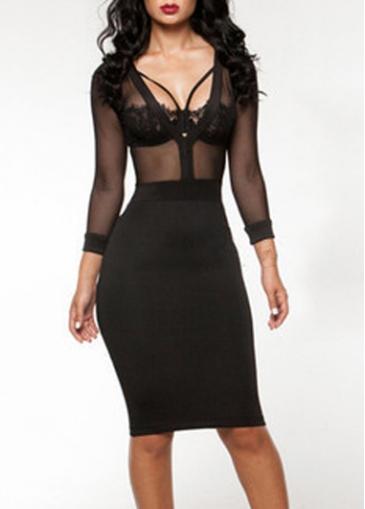Rosewe Mesh Splicing V Neck Black Dress