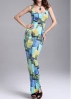 Rosewe Scoop Neck Printed Color Block Maxi Dress