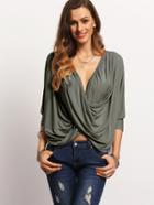 Shein Green V Neck Wrap Front T-shirt