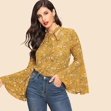 Shein Tie Neck Flounce Sleeve Floral Print Shirt