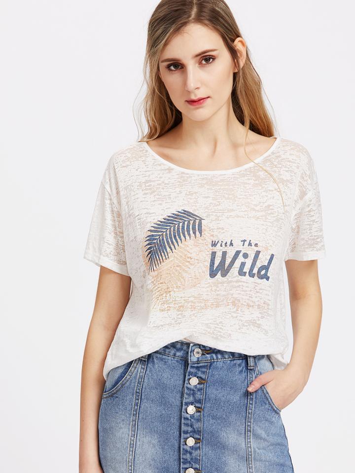 Shein Palm Print Distressed Paper Thin Sheer Tee