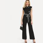 Shein Ruffle Armhole Self Belted Wide Leg Jumpsuit