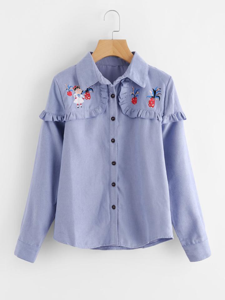 Shein Cartoon Print Frill Trim Corduroy Shirt