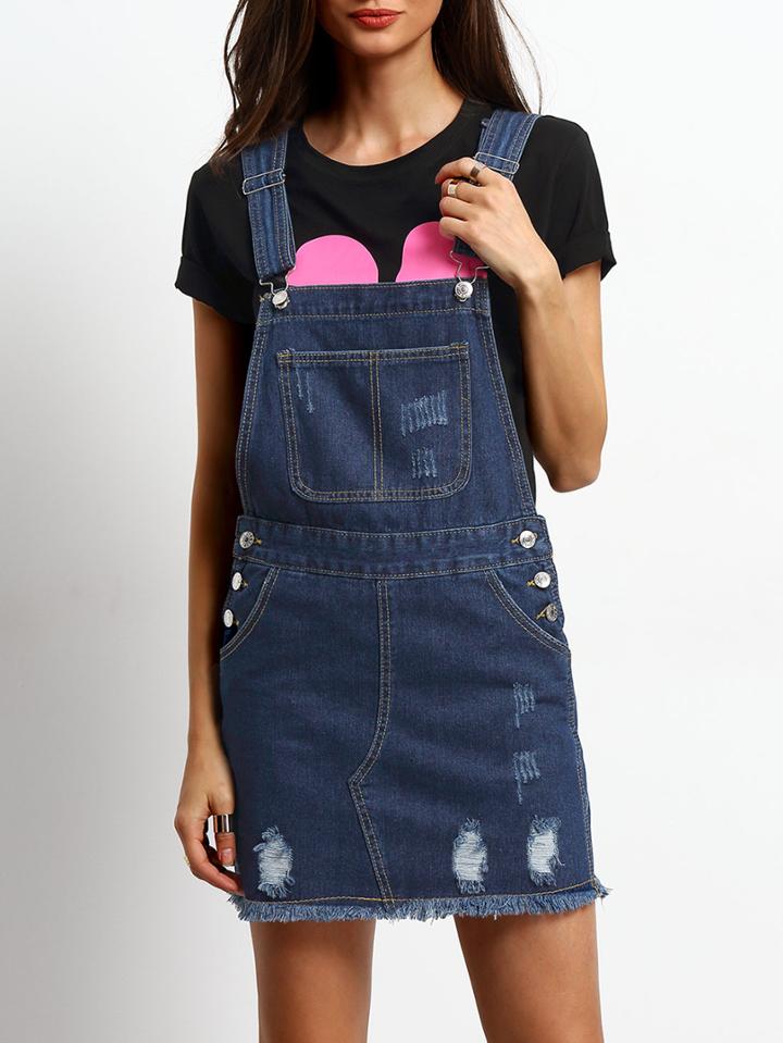 Shein Blue Frayed Scratch Denim Pinafore Dress