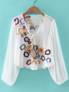 Shein White Lantern Sleeve Lace Up Front Embroidery Blouse
