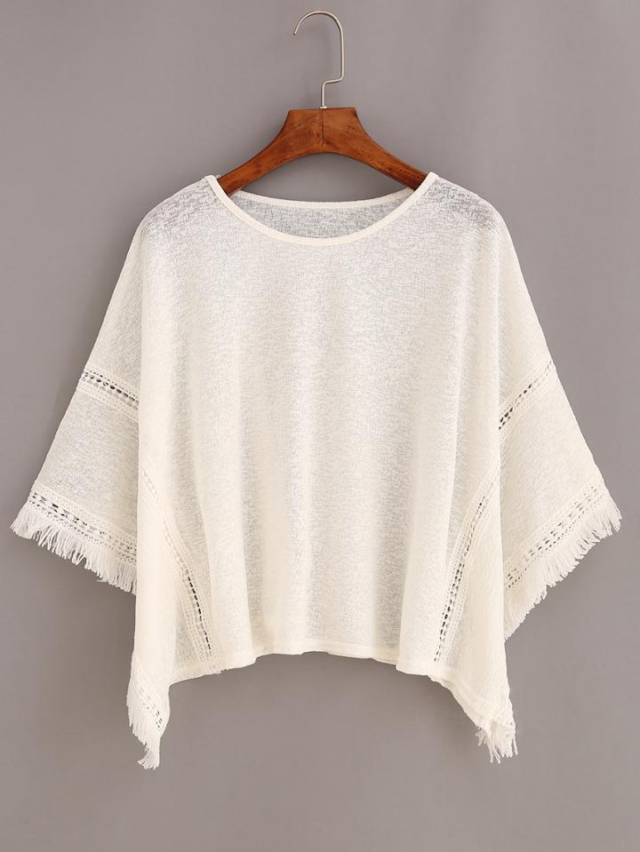 Shein Frayed Lace Insert Poncho Blouse - White