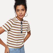 Shein Striped Ribbed Zip Up Tee