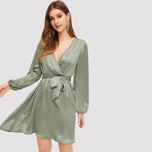 Shein Surplice Neck Belted Solid Dress