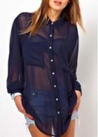 Rosewe All Match Long Sleeve Navy Blue Blouse For Women