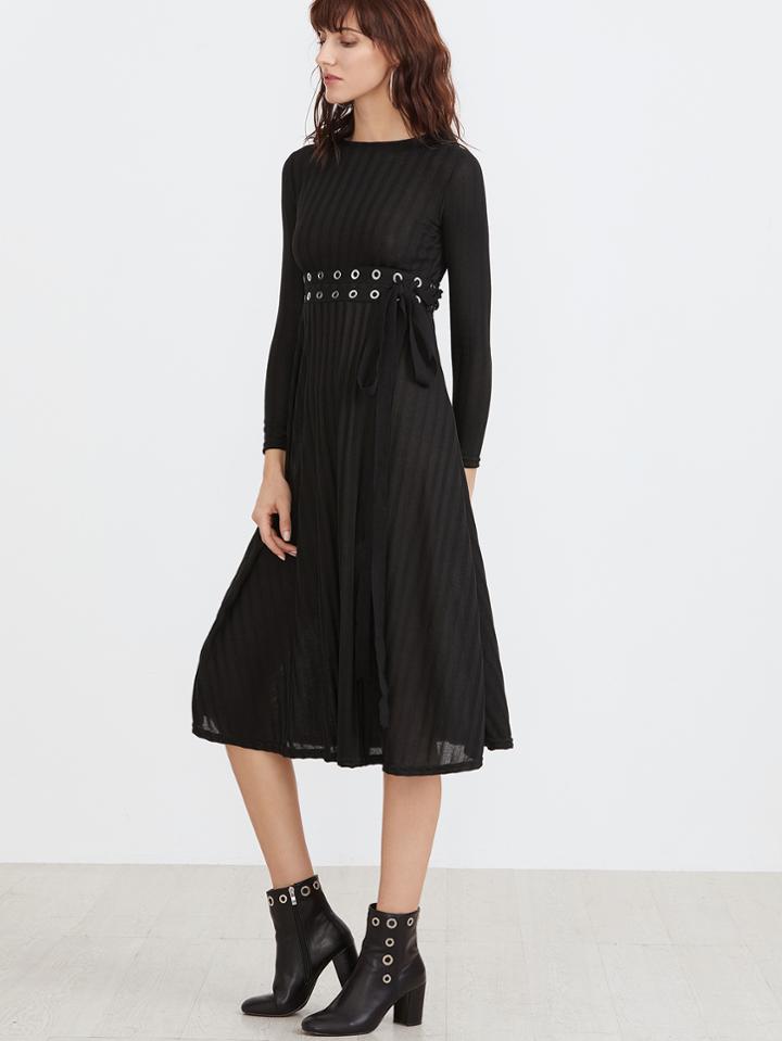 Shein Black Eyelet Lace Up Zipper Back Dress