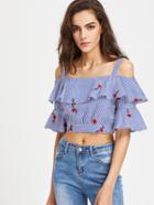 Shein Open Shoulder Pinstripe Layered Frill Trim Embroidered Top