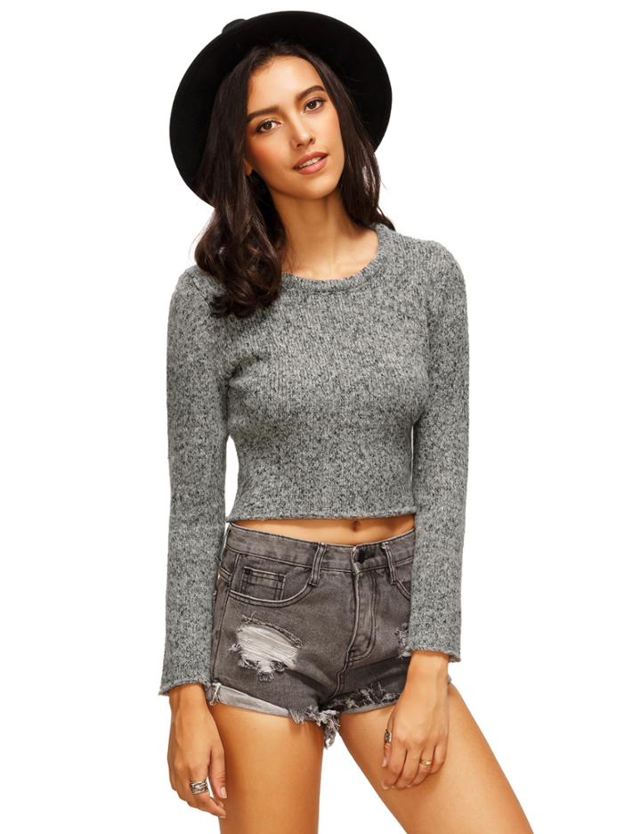 Shein Grey Knitted Round Neck Long Sleeve Crop Top