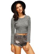 Shein Grey Knitted Round Neck Long Sleeve Crop Top