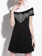 Shein Black Contrast Crochet Embroidered Pockets Dress