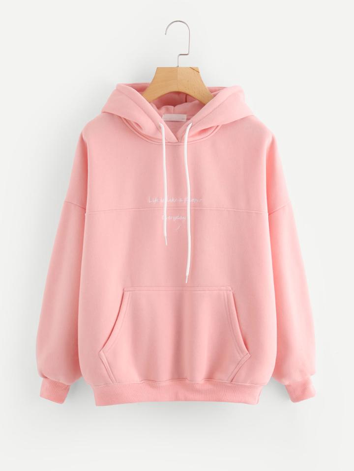 Shein Slogan Embroidered Kangaroo Pocket Hoodie