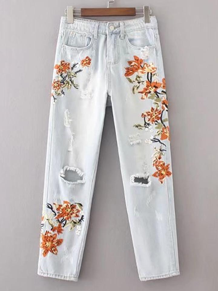Shein Flower Embroidery Ripped Detail Jeans