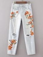 Shein Flower Embroidery Ripped Detail Jeans