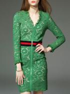 Shein Green V Neck Fringe Sleeve Zipper Lace Dress
