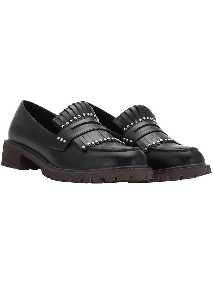 Shein Black Round Toe Studded Fringed Flats