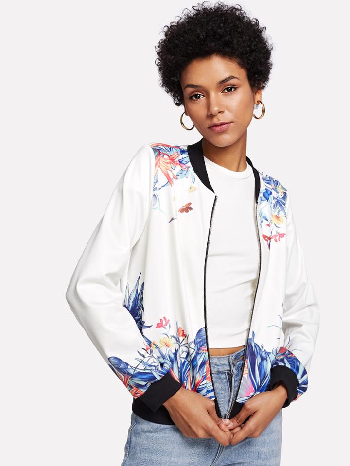 Shein Botanical Print Zip Up Jacket