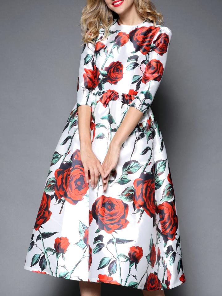Shein White Round Neck Half Sleeve Rose Print Dress