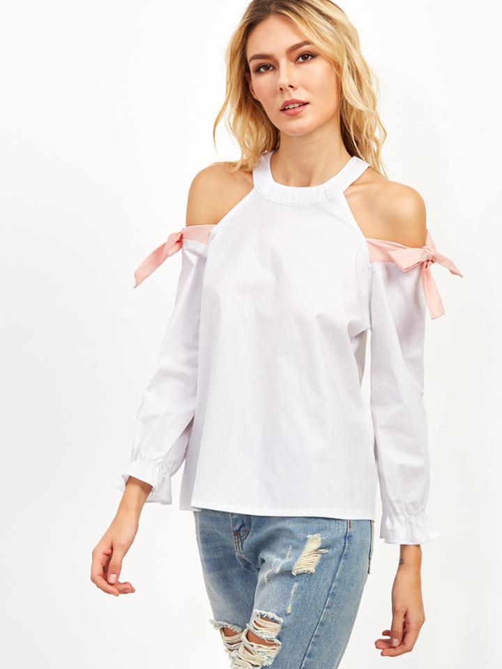 Shein White Open Shoulder Shirred Cuff Tie Detail Blouse