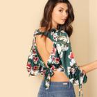 Shein Lantern Sleeve Tied Open Back Floral Top