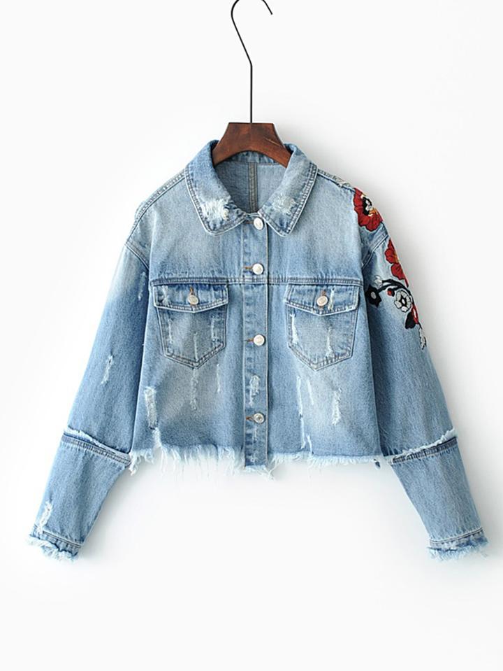 Shein Flower Embroidery Frayed Detail High Low Denim Jacket