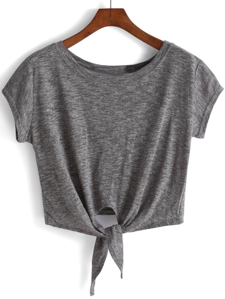 Shein Grey Knotted Crop T-shirt