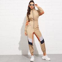 Shein Zip Front Mock-neck Color Block Jumpsuit