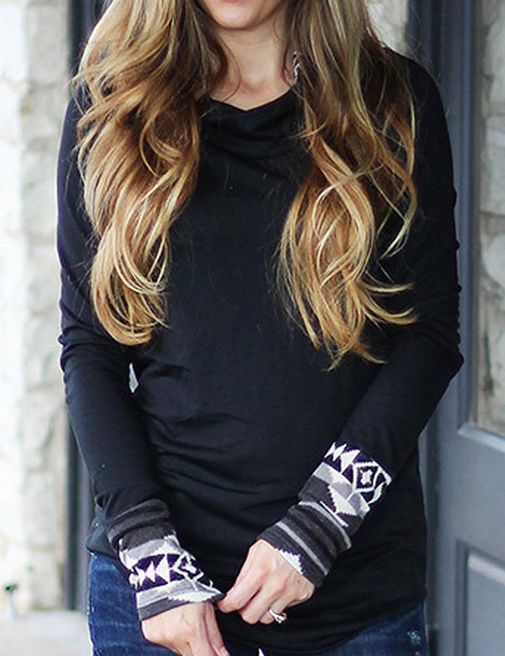 Shein Black Printed Cuff Hooded Sweatshirt