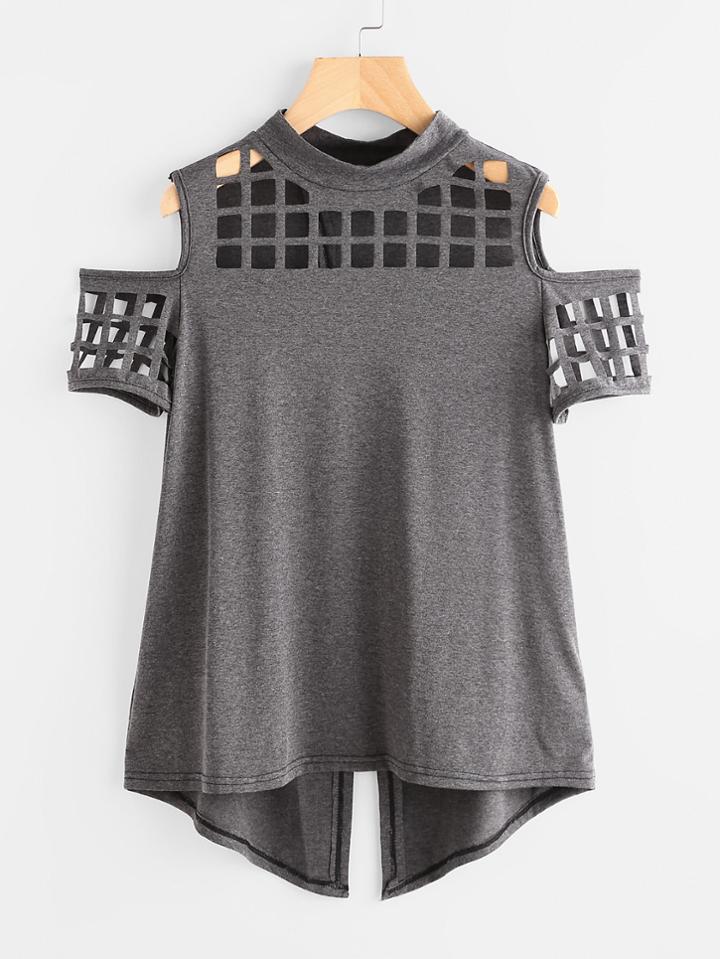 Shein Laser Cut Open Shoulder Overlap Back Marled Tee