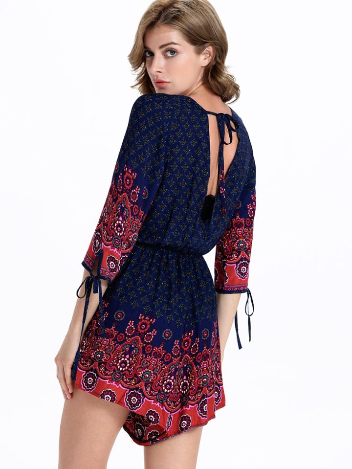 Shein Plunge Vintage Print Open Back Tie Detail Romper