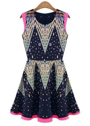 Rosewe Women Navy Blue Print Sleeveless A Line Dress