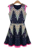 Rosewe Women Navy Blue Print Sleeveless A Line Dress