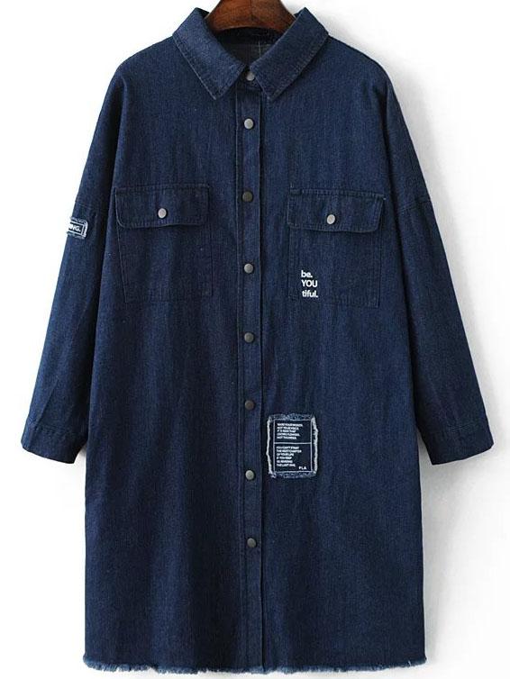 Shein Blue Single Breasted Frayed Patch Long Denim Coat