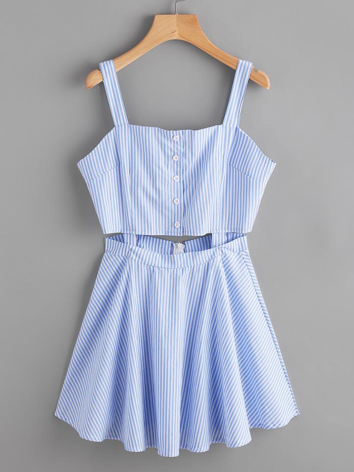 Shein Stripe Single Breasted Cut Out Cami Dress
