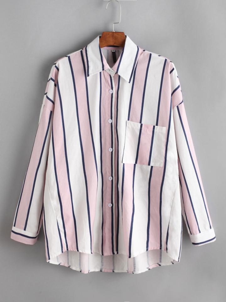 Shein Striped Dip Hem Shirt With Chest Pocket