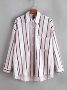 Shein Striped Dip Hem Shirt With Chest Pocket