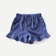 Shein Girls Flounce Hem Solid Elastic Waist Denim Shorts